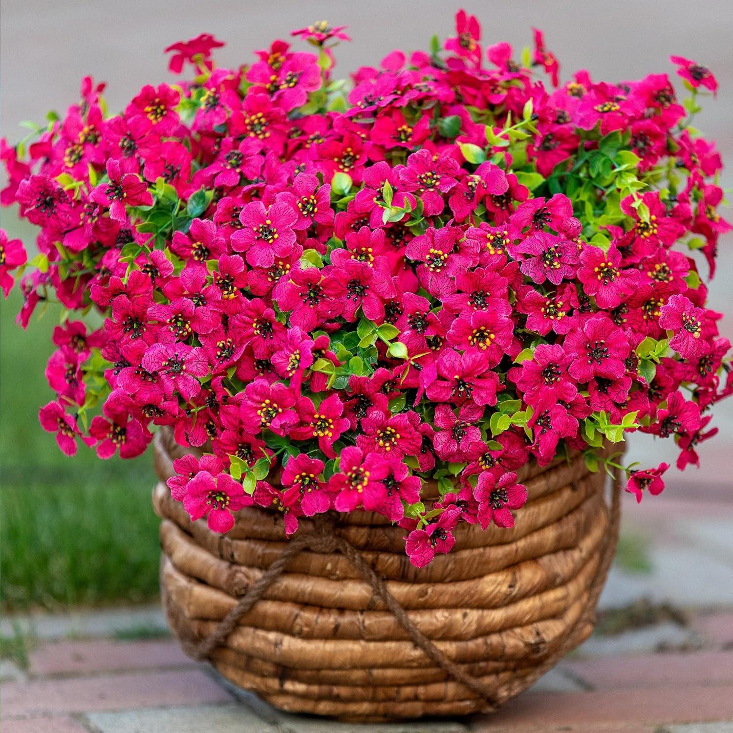 Artificial Flowers for Outdoors Fake Plants - 16 Bundles Faux Outside Greenery Boxwood No Fade Plastic Shrubs Fall Decor Farmhouse Home Garden Thanksgiving Mums (Red)