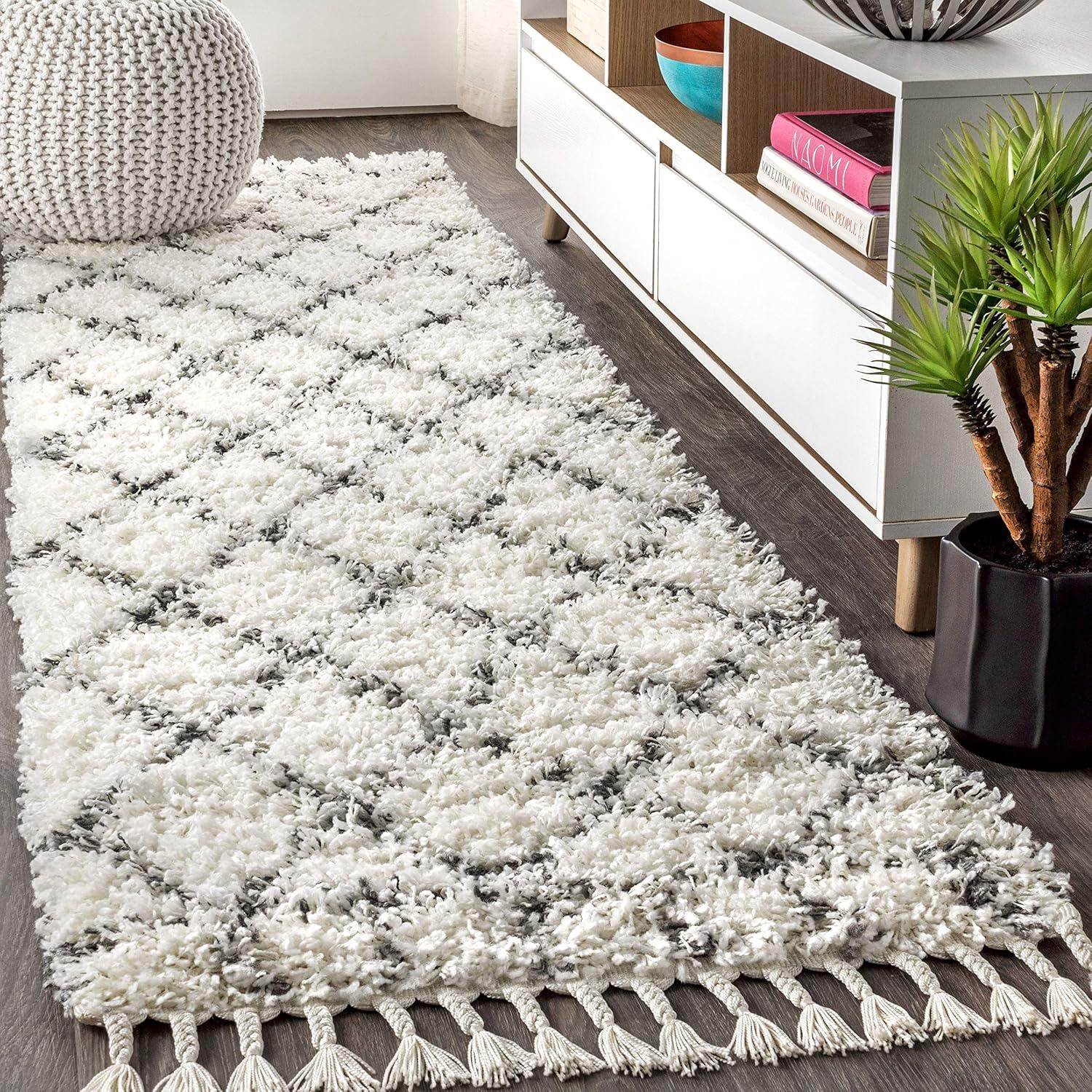 8'x10' Mercer Shag Plush Tassel Moroccan Geometric Trellis Area Rug, Cream/Grey - JONATHAN Y