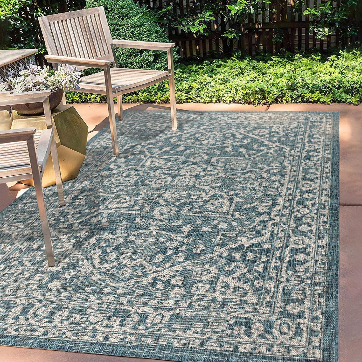 3'x5' Malta Bohemian Medallion Textured Weave Indoor/Outdoor Area Rug, Teal/Gray - JONATHAN Y