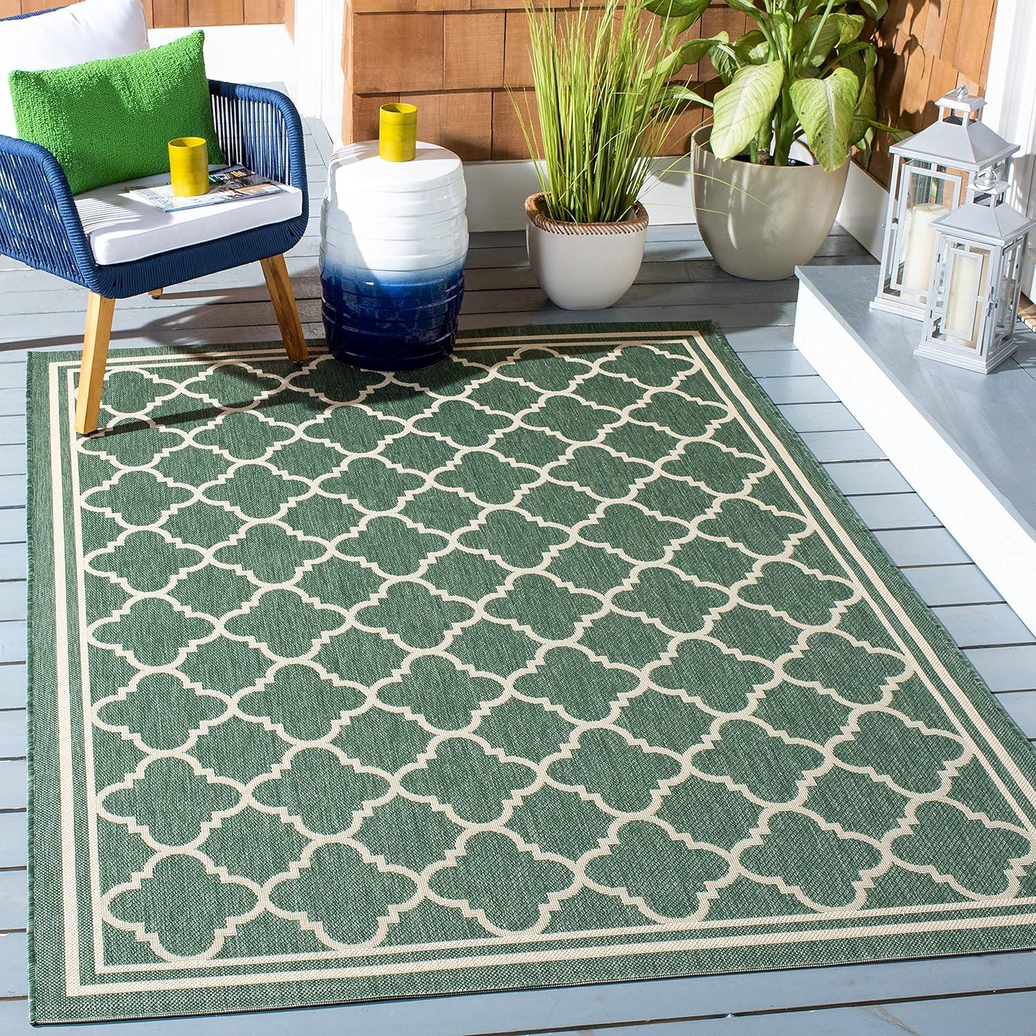 Dark Green and Beige Geometric Indoor/Outdoor Area Rug