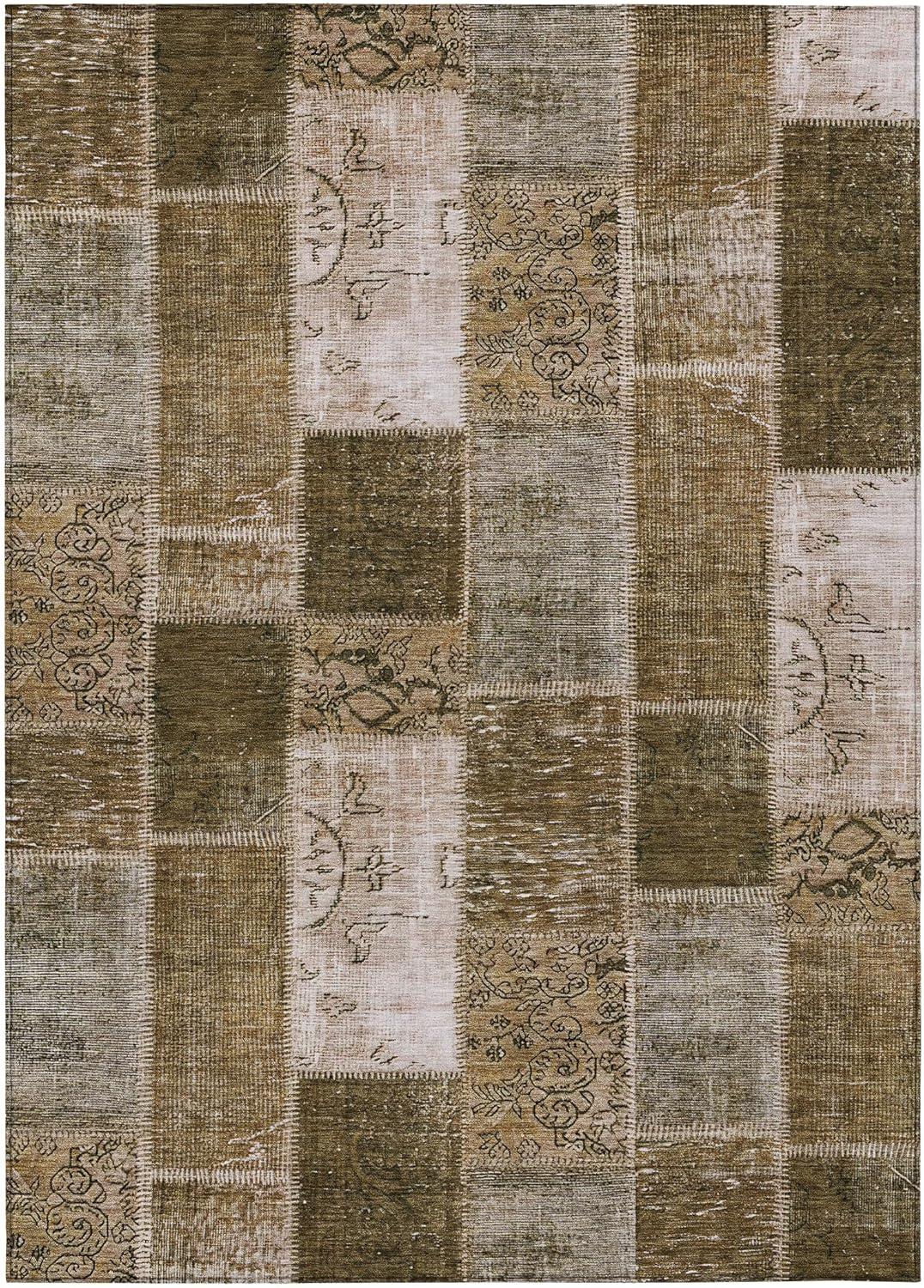 Brown Patchwork Machine-Washable Rectangular Area Rug