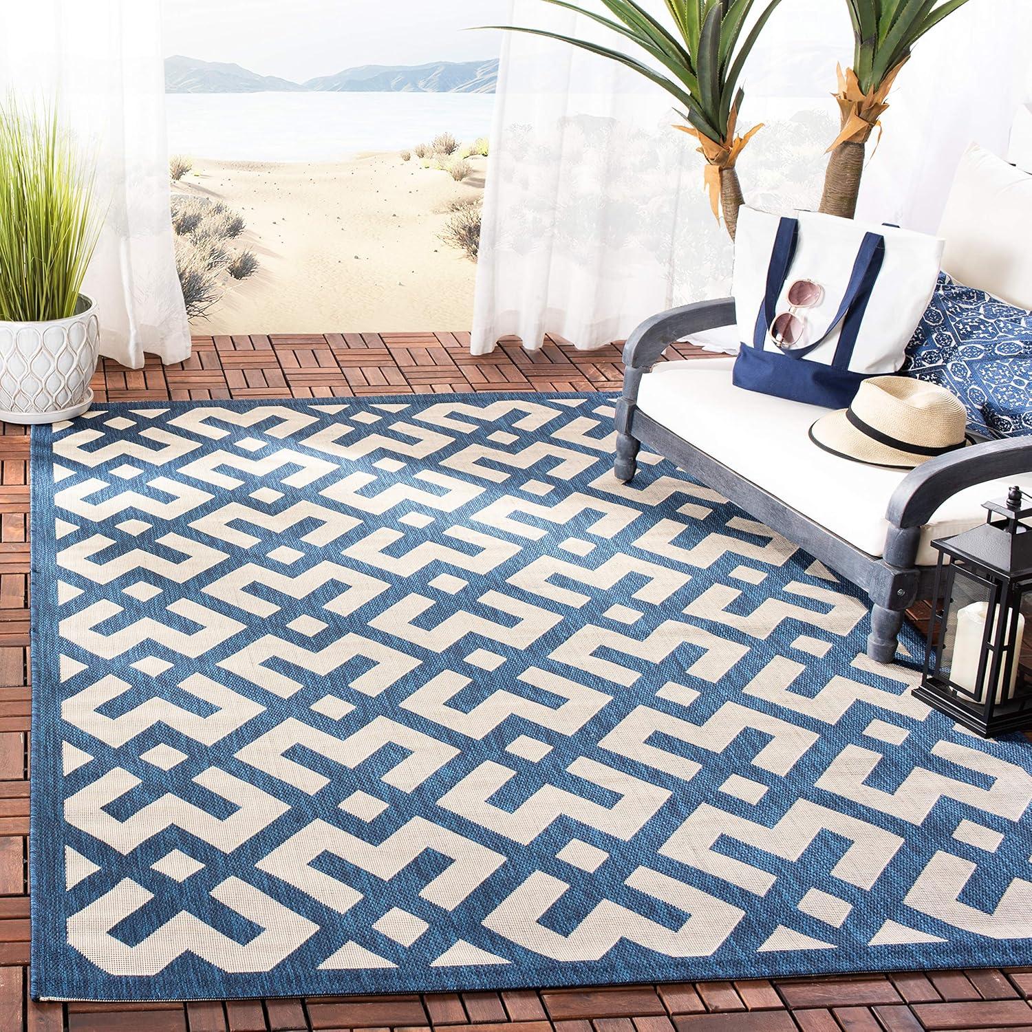 Navy and Beige 5' x 7' Reversible Flat Woven Synthetic Area Rug