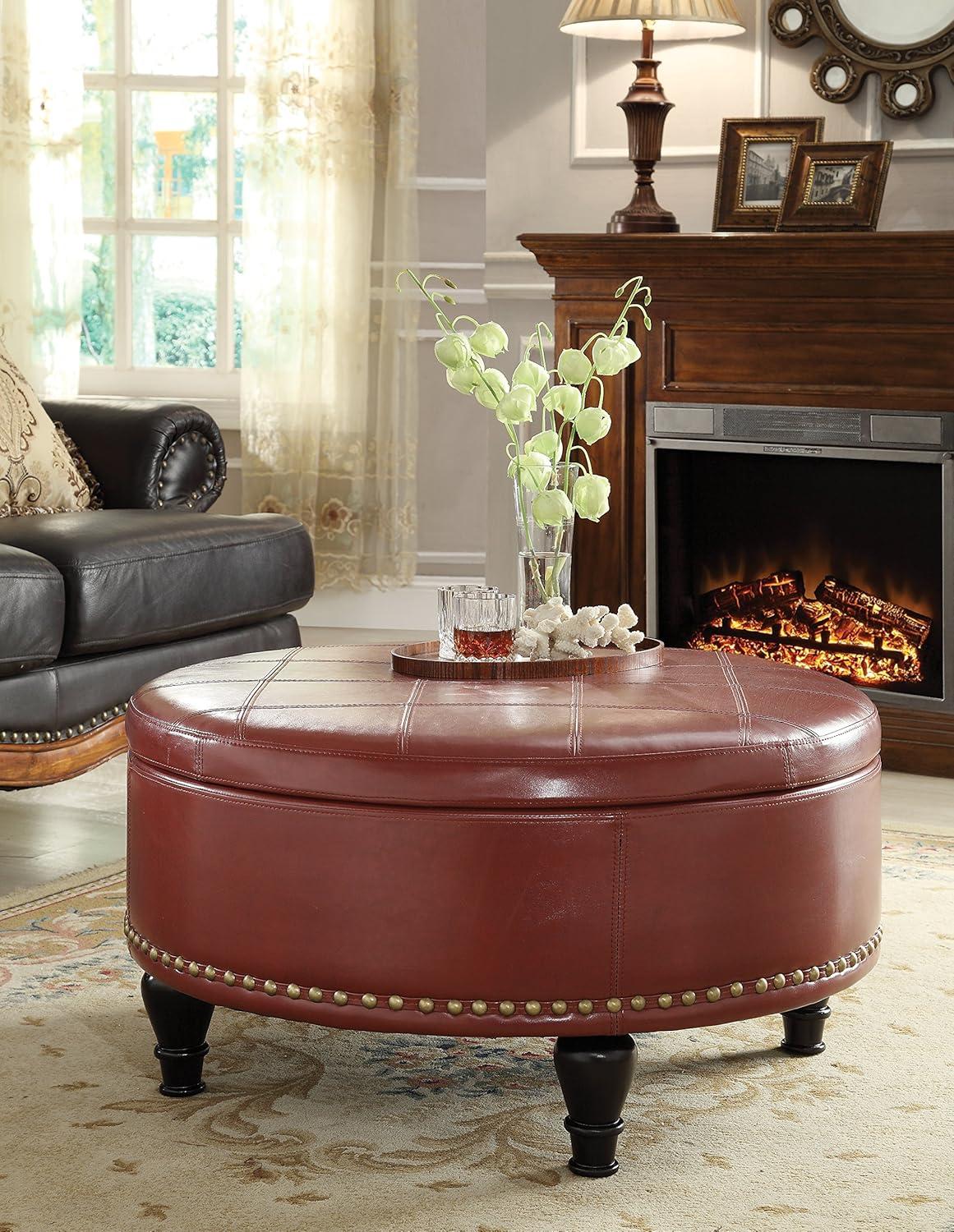OSP Home Furnishings Augusta Round Storage Ottoman in Crimson Red Bonded Leather with Decorative Nailheads