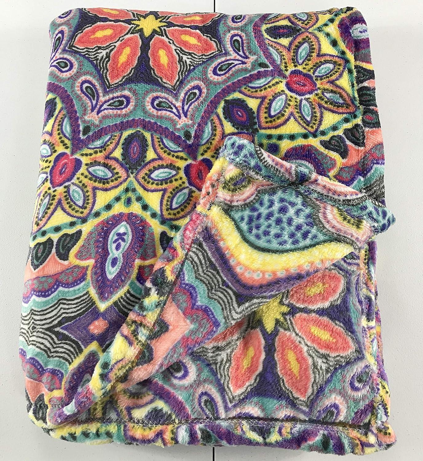 Serafina Home Boho Velvet Fleece Throw Blanket: Soft Plush Bright Decorative Paisley Patterned Accent for Couch or Bed, Colored: Teal Hot Pink Purple Yellow Black