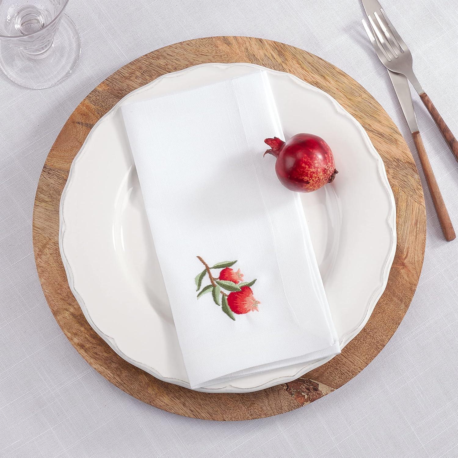 White Polyester Embroidered Pomegranate Square Napkins, Set of 4