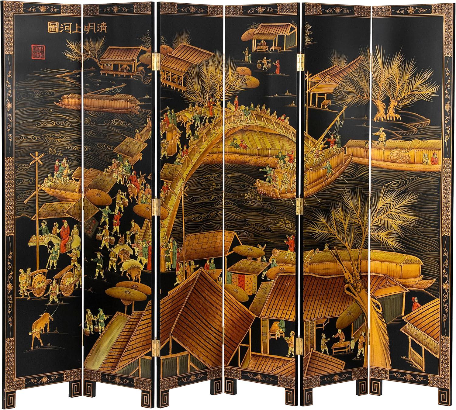 Oriental Furniture 6 ft. Tall Black Lacquer Room Divider - Ching Ming