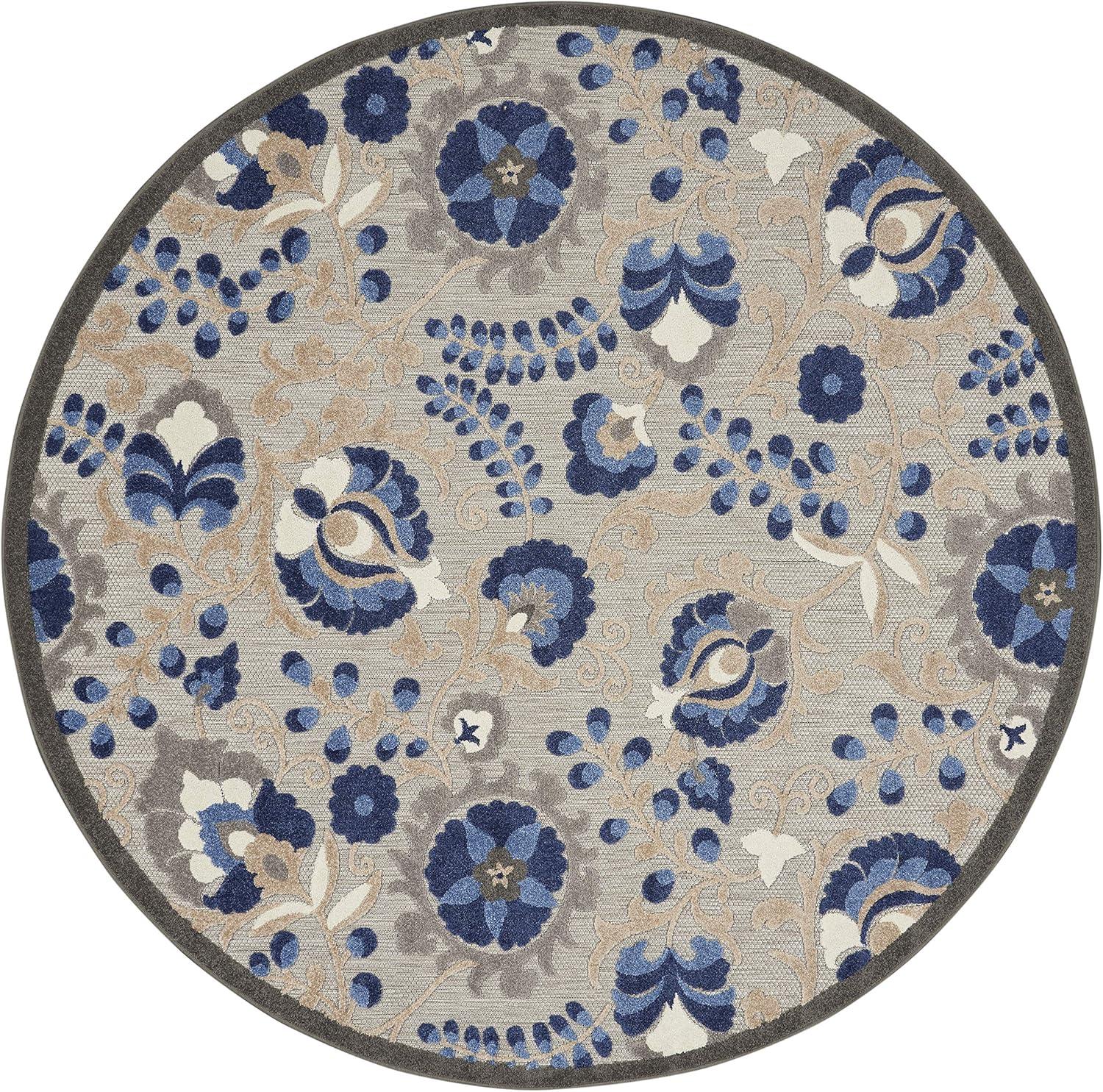 Nourison Aloha Floral Textured Flatweave High-Low Indoor Outdoor Round Rug Natural/Blue 5'3" x 5'3"