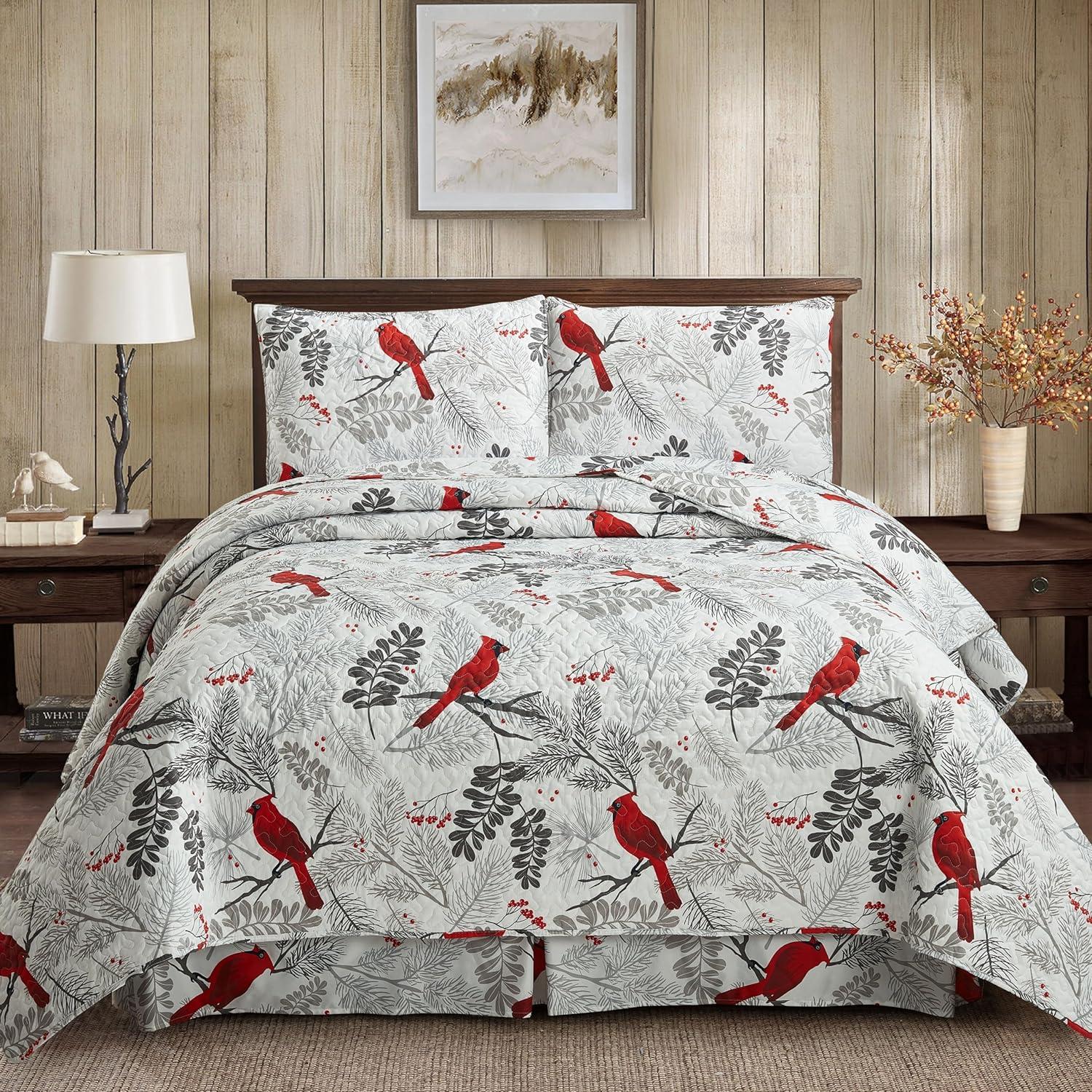 Virah Bella 3 Piece Full/Queen Lodge Quilt Bedding Set - Rustic Country Reversible Comforter Set with Decorative Pillow Shams - Cardinals