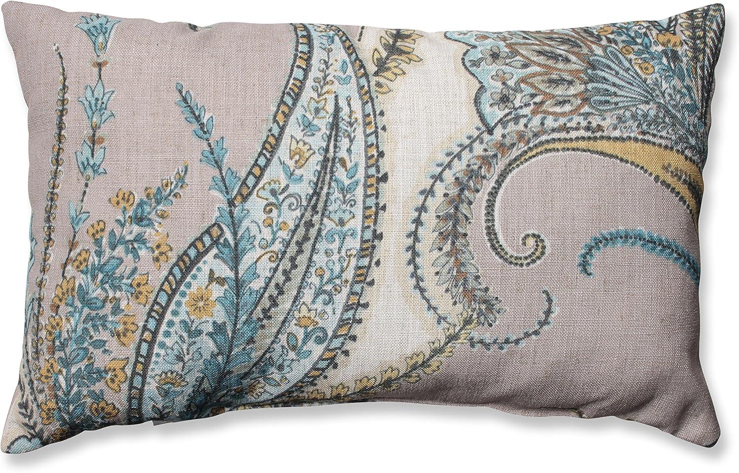 Tan and Blue Embroidered Rectangular Throw Pillow