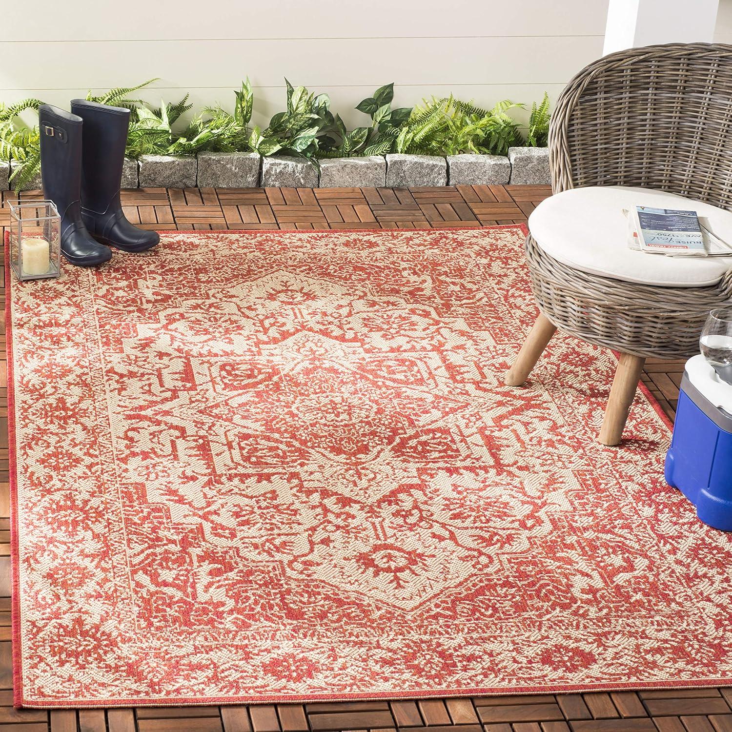 Red and Cream Synthetic Non-Slip Round Area Rug