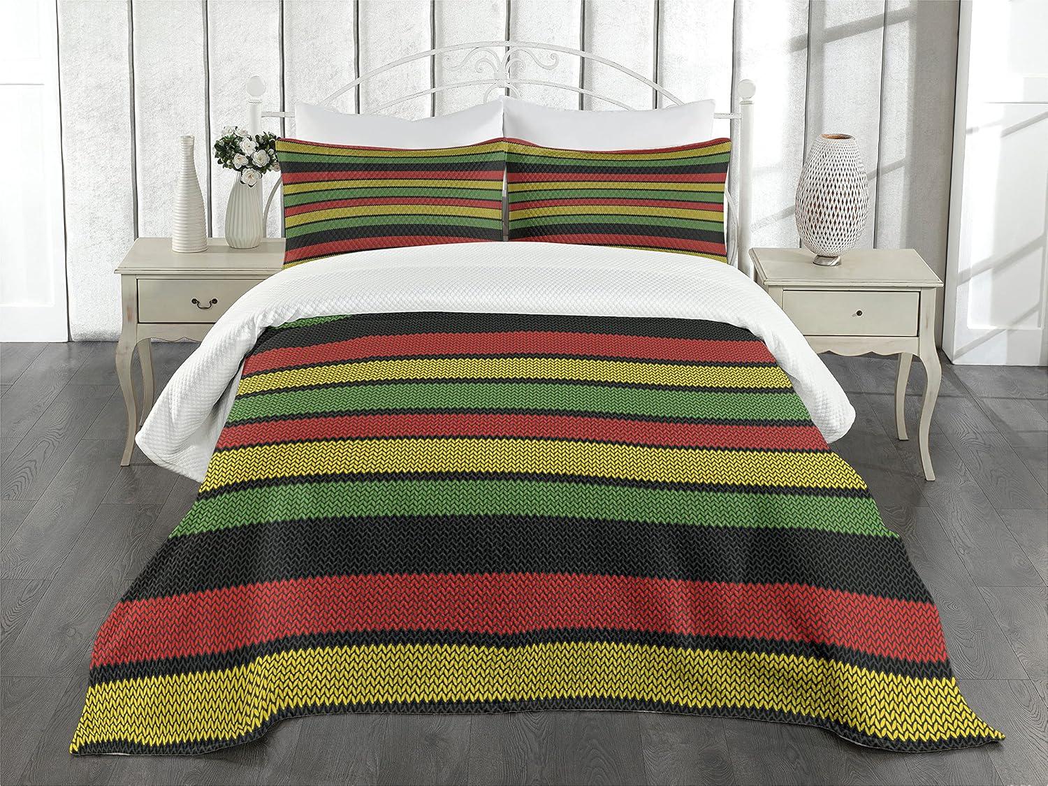 Ambesonne Jamaican Bedspread Set Knitted Rasta Lines Multicolor