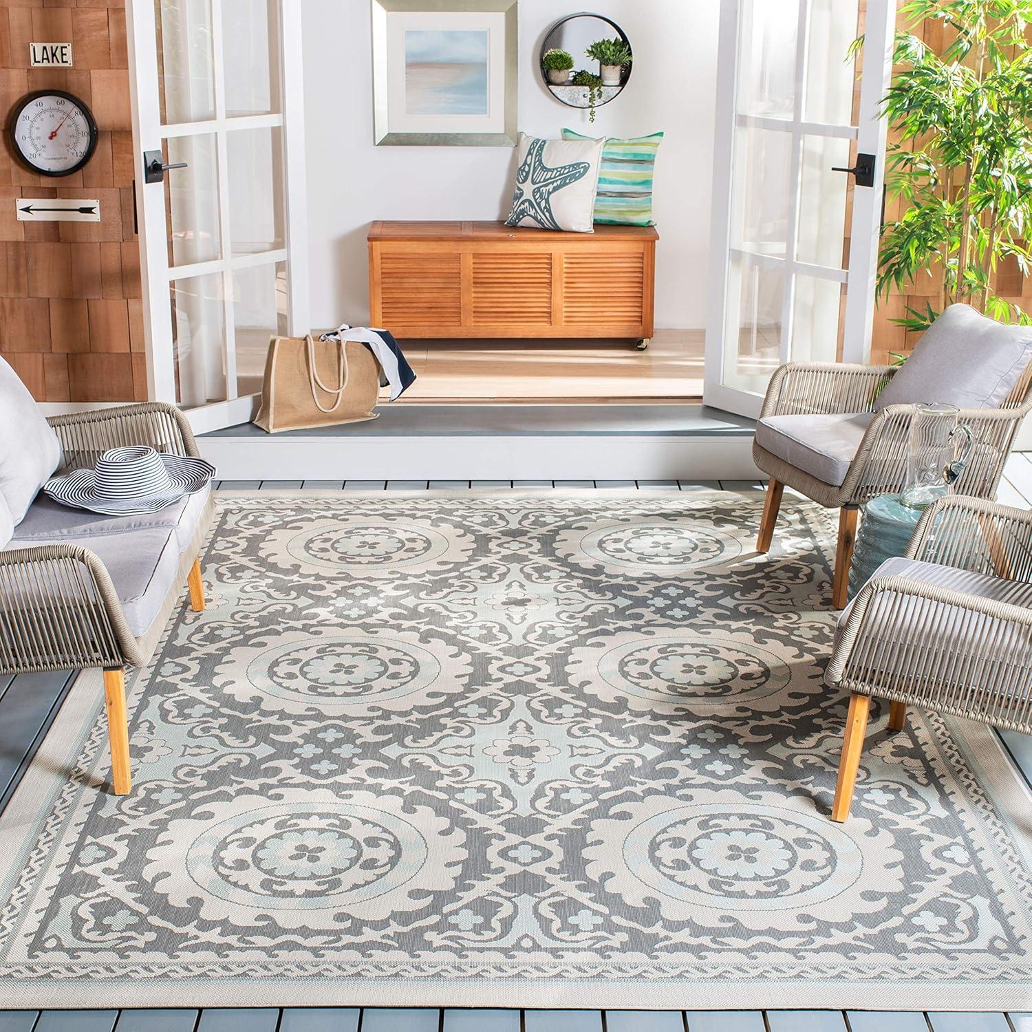 Light Grey and Anthracite Floral Motif Outdoor Area Rug