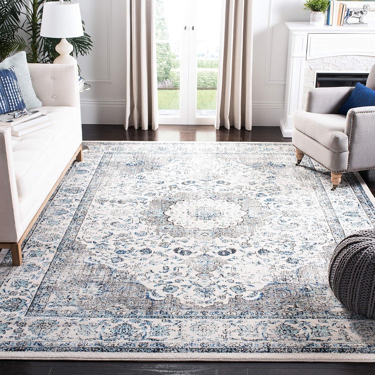 Chic Elegance 9' Square Grey & Ivory Floral Synthetic Area Rug