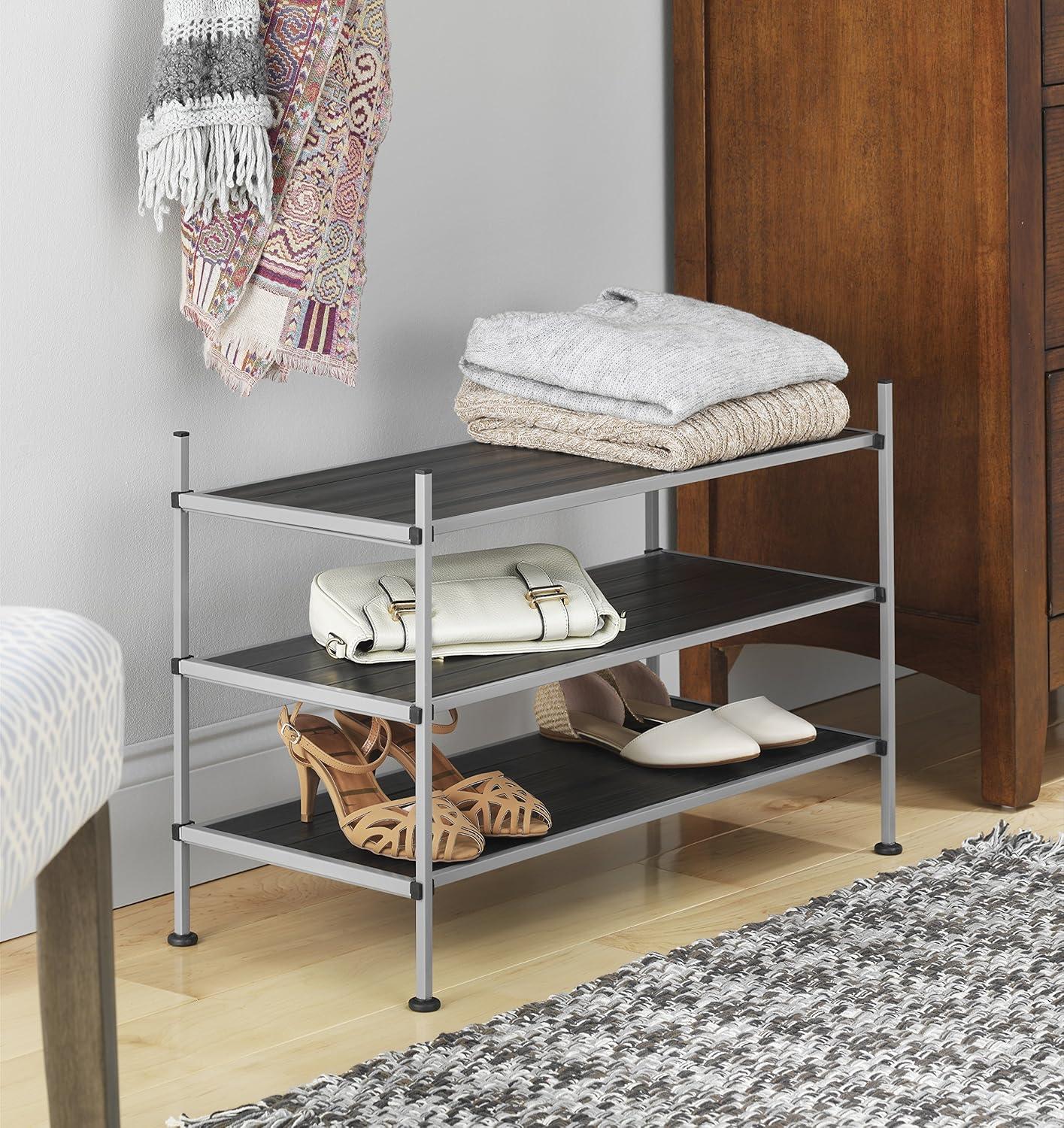 Whitmor 3-Tier Storage Shelves - Shoe Rack and Home Organizer - 12" x 25.625" x 17" - Silver Epoxy Iron Frame