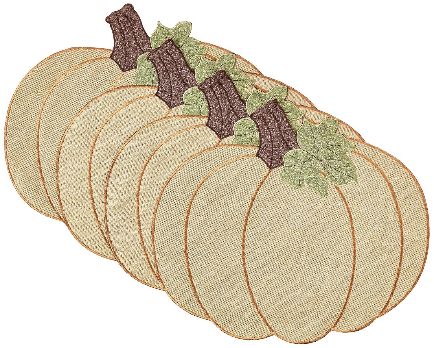 Violet Linen Thanksgiving Harvest Fall Pumpkin Pattern, Polyester Applique Embroidered Burlap, Gold, 12 Inch x 18 Inch, Oval, Set of 4, Decorative Place Mats