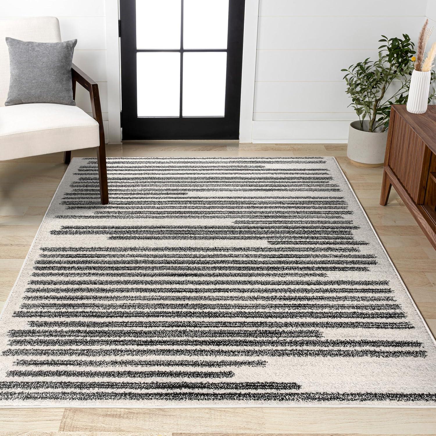 4'x6' Khalil Modern Berber Stripe Area Rug, Cream/Black - JONATHAN Y