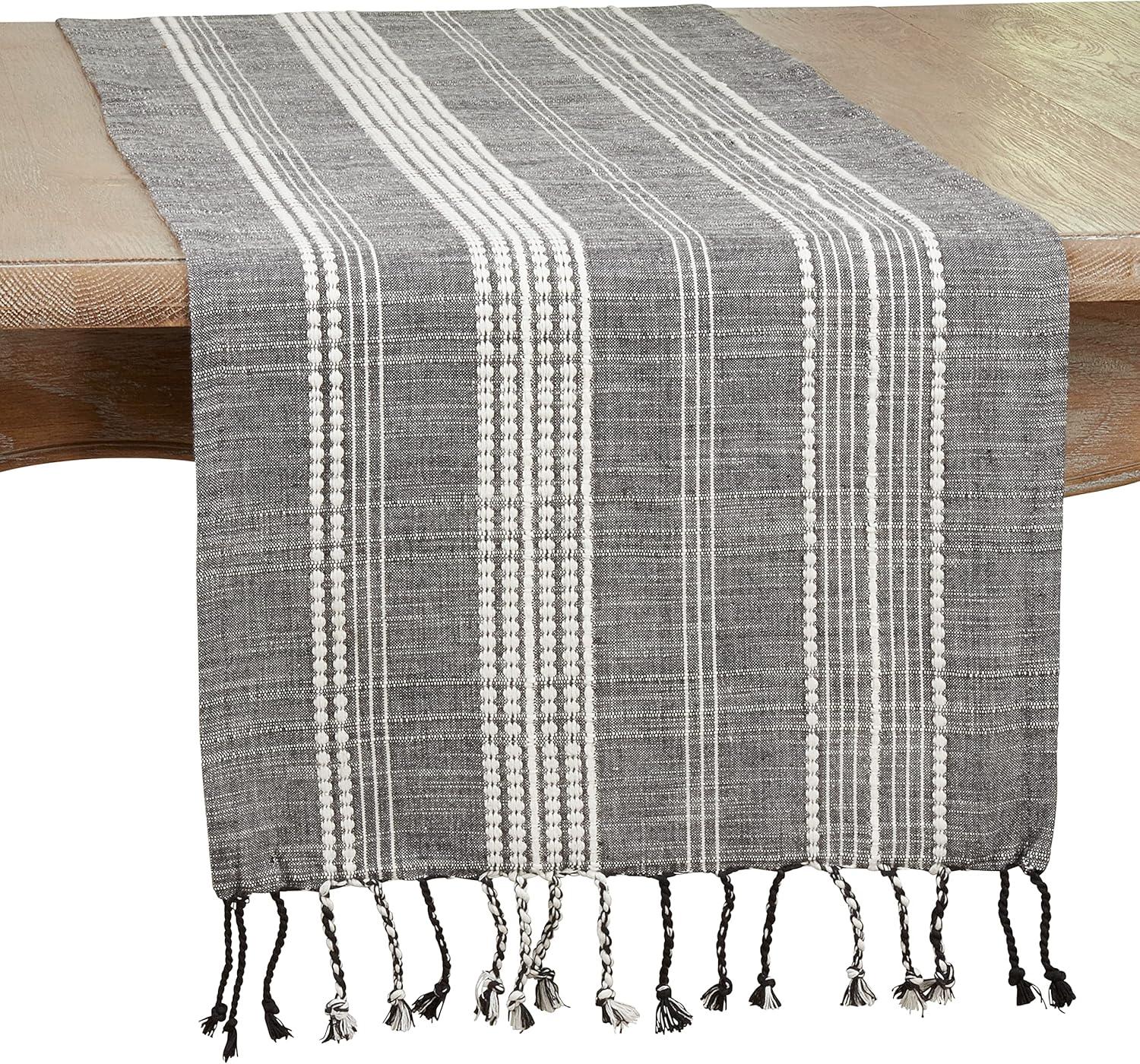 Black and White Cotton Striped Table Runner with Tassels