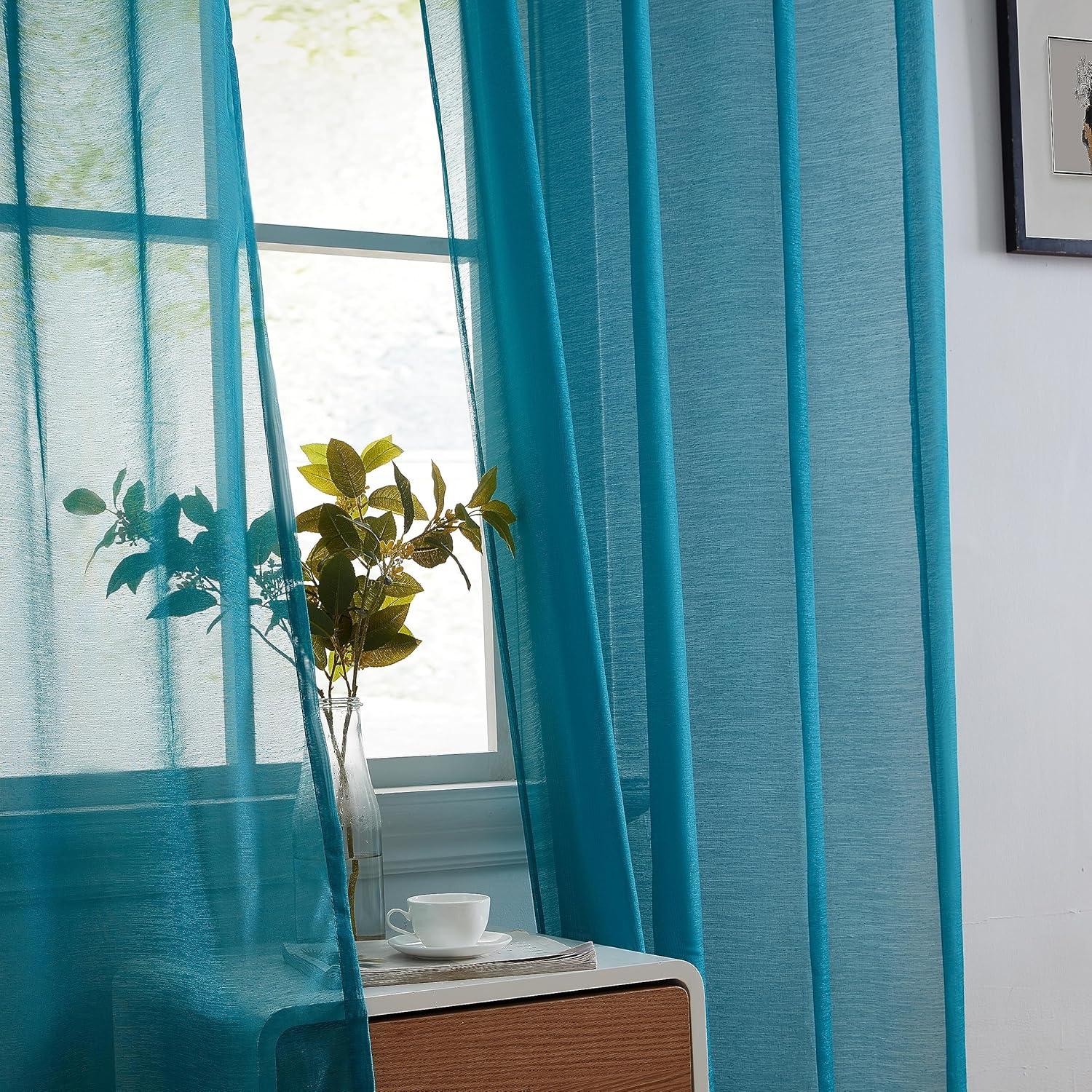 HLC.ME Semi Sheer Voile Light Filtering Transparent Window Curtain Grommet Panels - Set of 2 - Teal, 54 W x 84 L