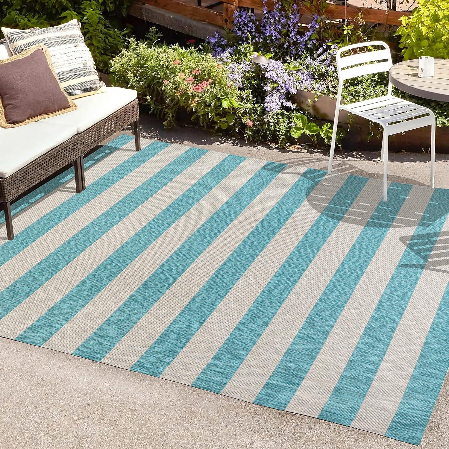 3' x 5' Negril Two-Tone Wide Stripe Indoor/Outdoor Area Rug, Aqua/Cream - JONATHAN Y