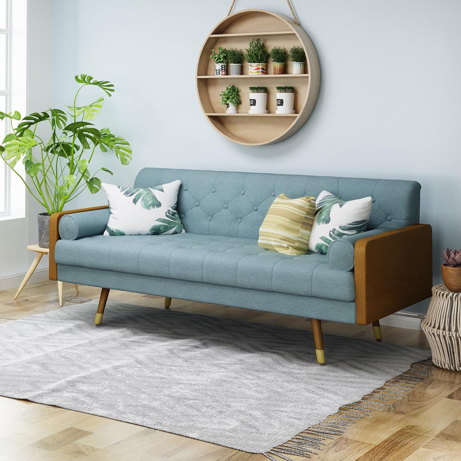 GDFStudio Aidan Mid Century Modern 72.25" Tufted Upholstered 3 Seater Sofa，Blue/Dark Walnut/Gold