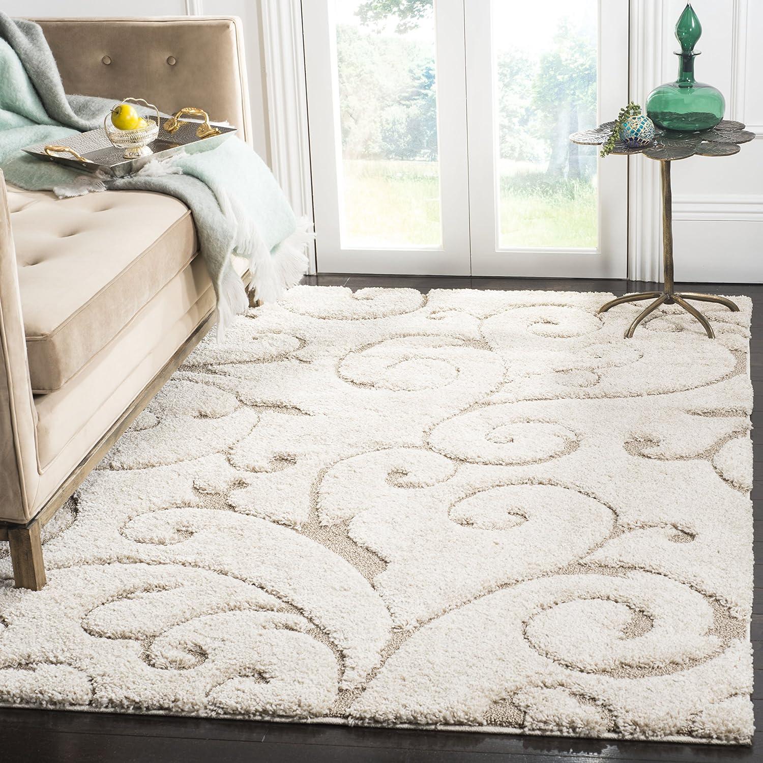 Elegant Cream/Beige Floral Vine Shag Rug, 6' x 9', Synthetic Easy Care