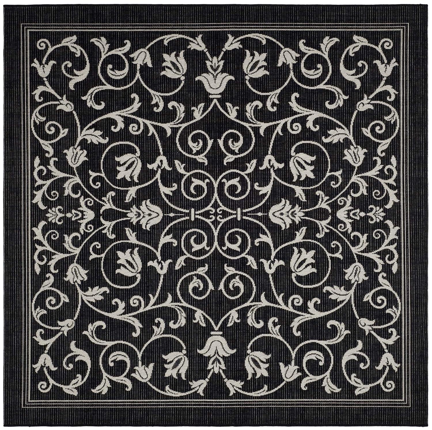 SAFAVIEH Courtyard Nanda Floral Indoor/Outdoor Area Rug, 7'10" x 7'10" Square, Black/Sand