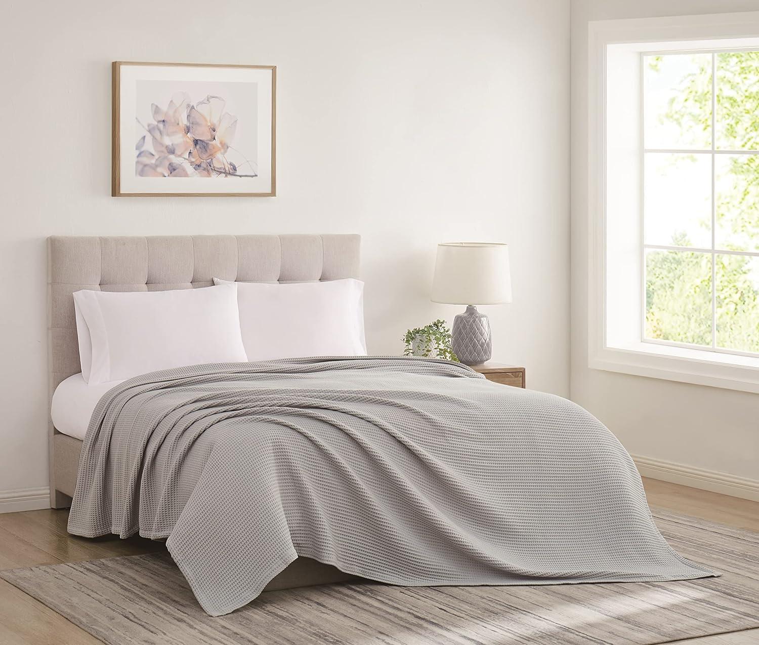 Modern Threads Thermal Waffle Weave Light Gray Cotton Bed Blanket, Twin