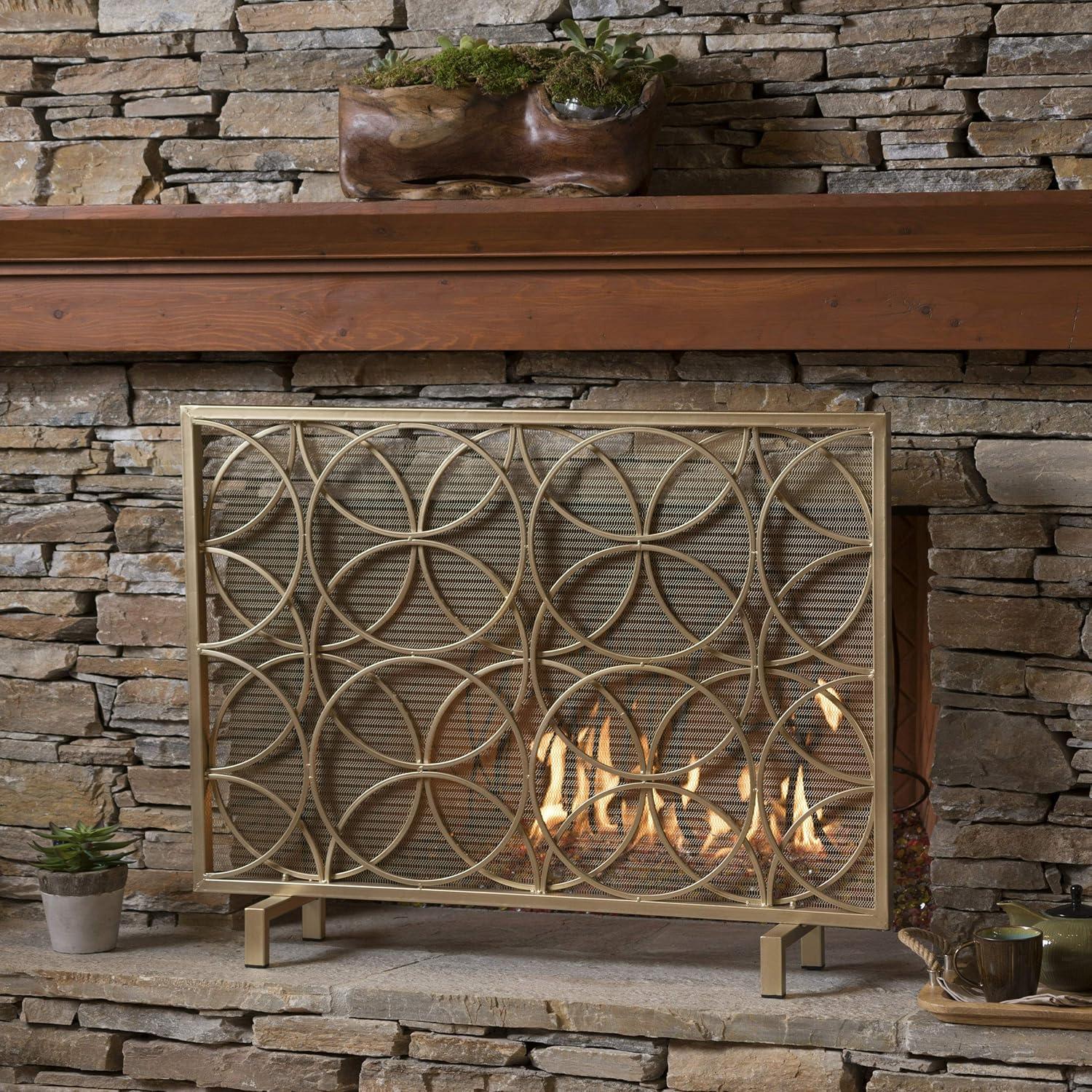 Gold Iron Single Panel Mesh Fireplace Screen