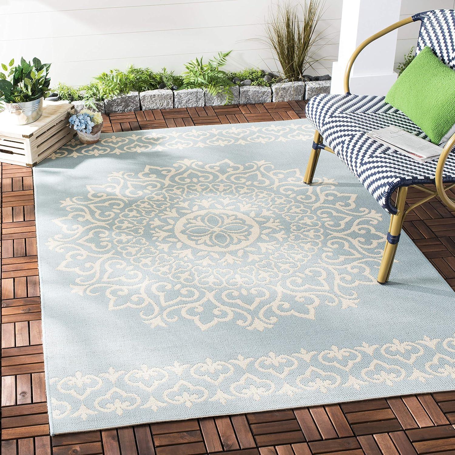 Beach House BHS183 POWER LOOMED Indoor/Outdoor Area Rug - Cream/Aqua - 4'x4' - Safavieh