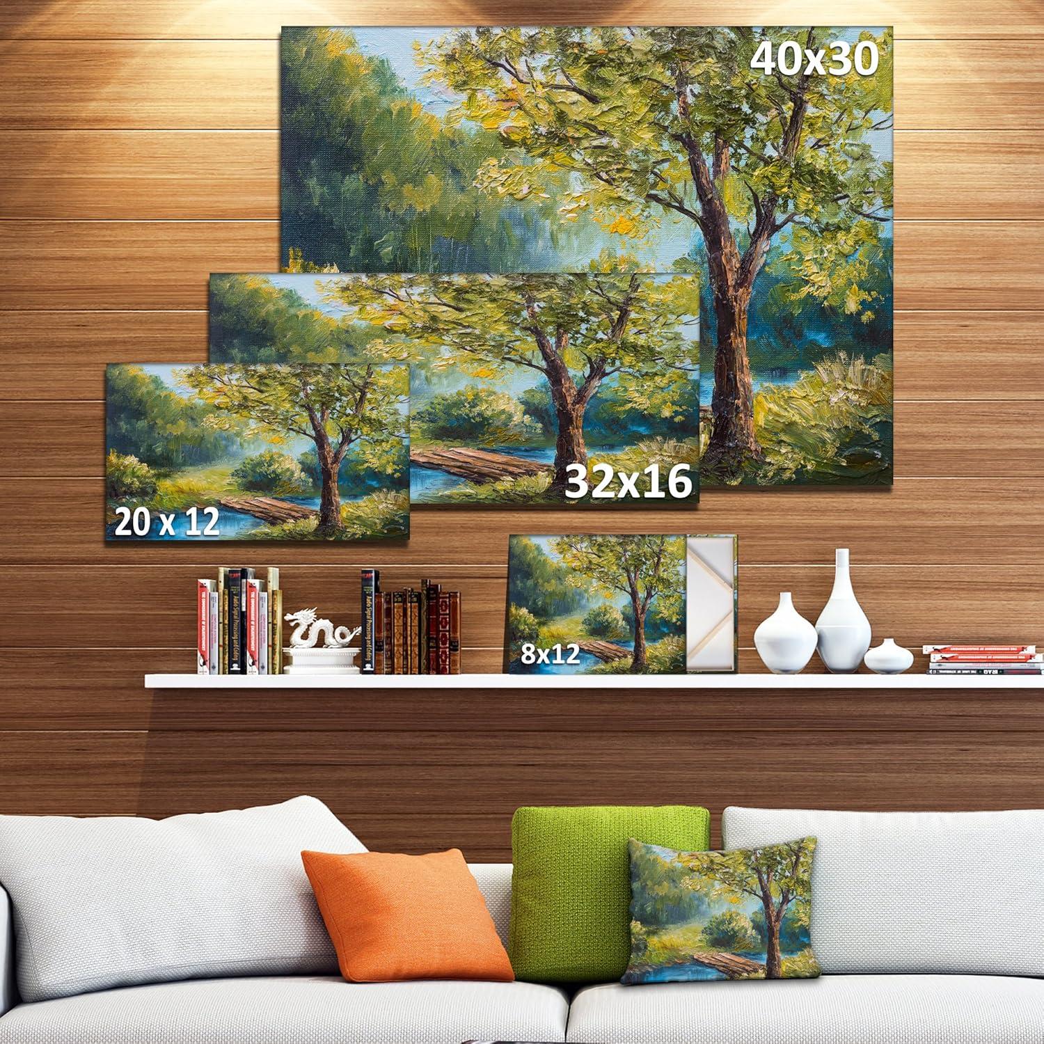 Summer Forest with Beautiful River Landscape Painting Print on Wrapped Canvas