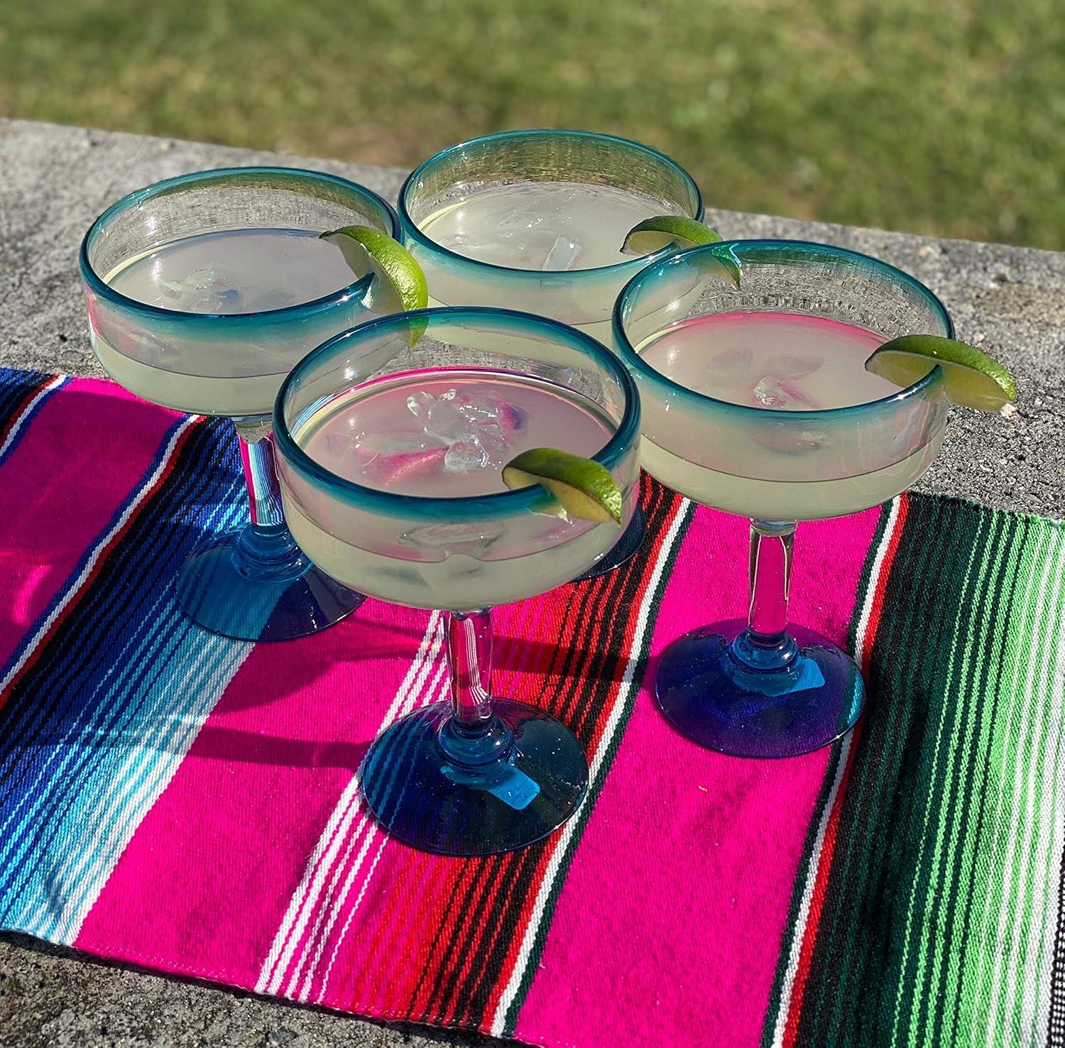 Numan Mexican Hand Blown 16 oz. Aqua Rim Margarita Glasses