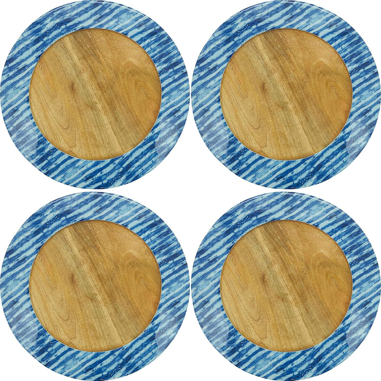 Blue Stripe Rim Mango Wood Table Chargers, Set of 4