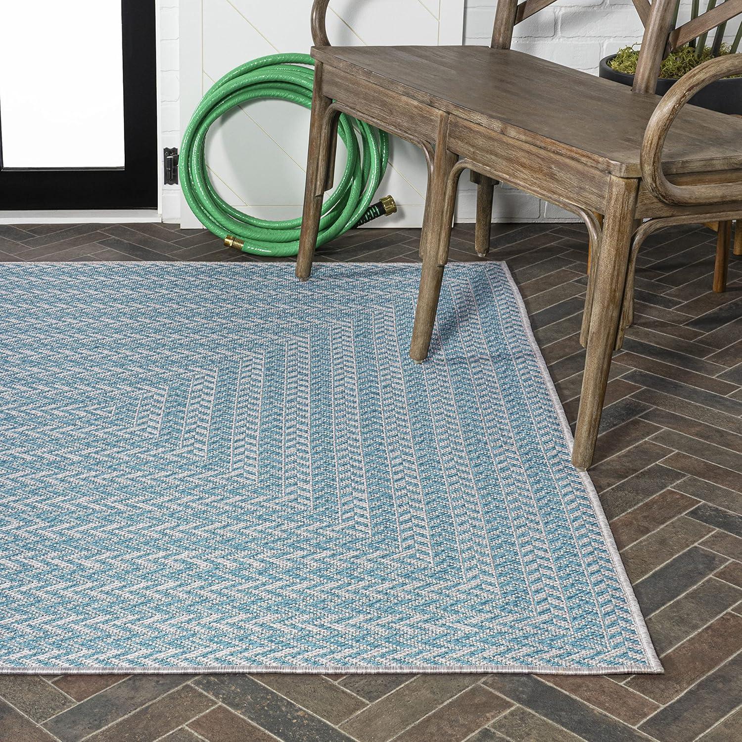 Aqua and Light Gray Geometric Synthetic 3x5 Indoor/Outdoor Rug