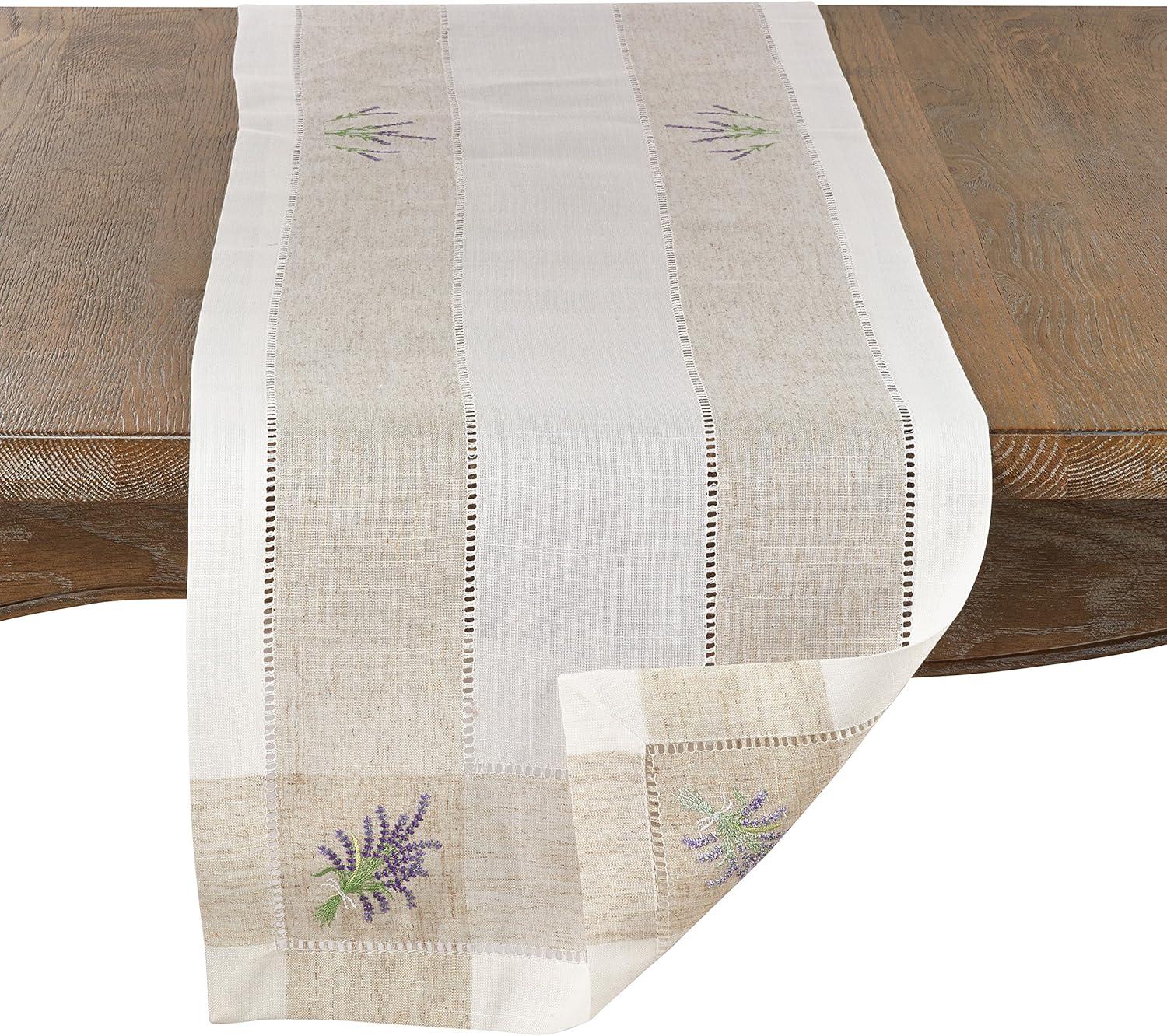 Saro Lifestyle Embroidered Lavender Hemstitch Runner, Ivory, 15" x 70"