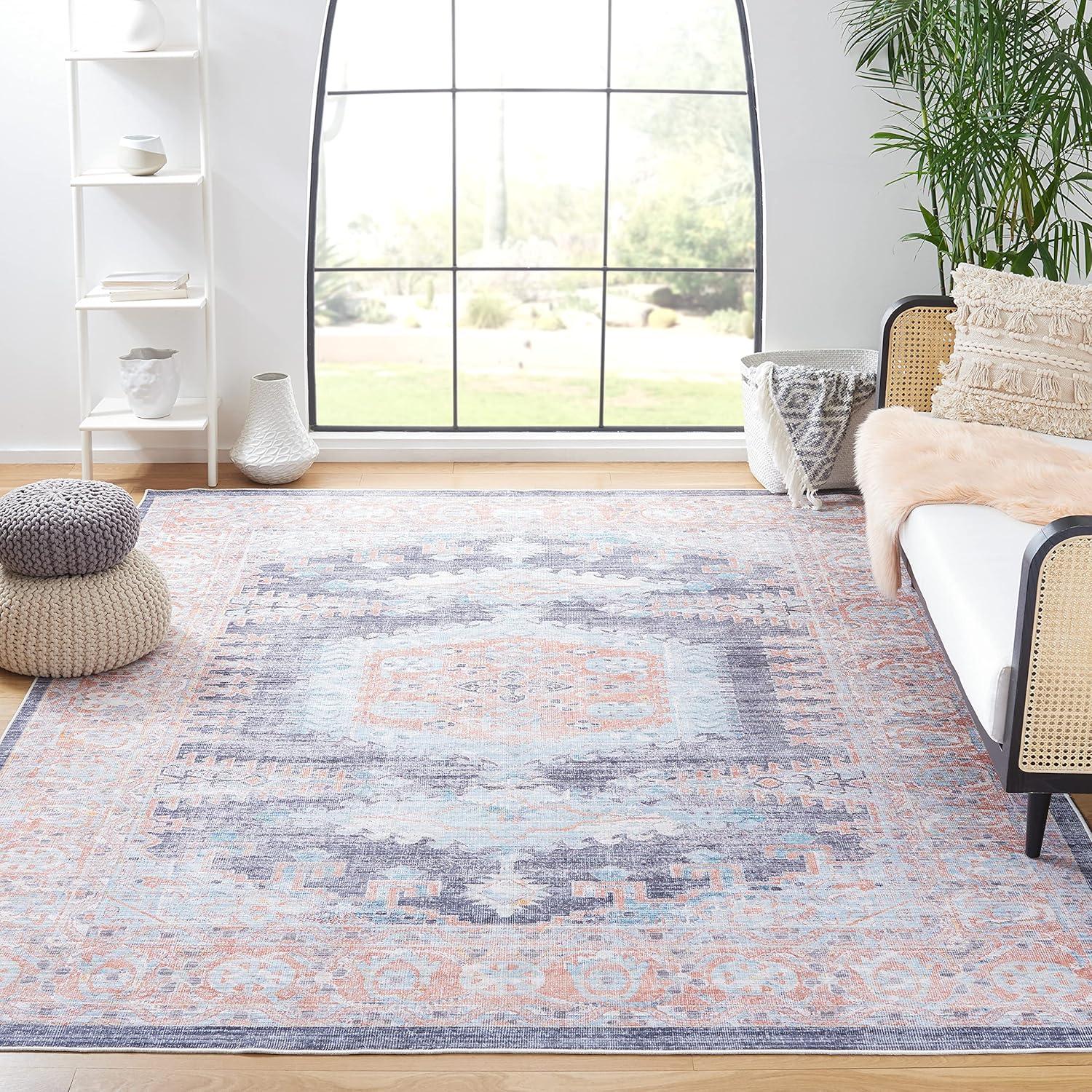 Blue and Terracotta 10' x 14' Washable Viscose Chenille Area Rug