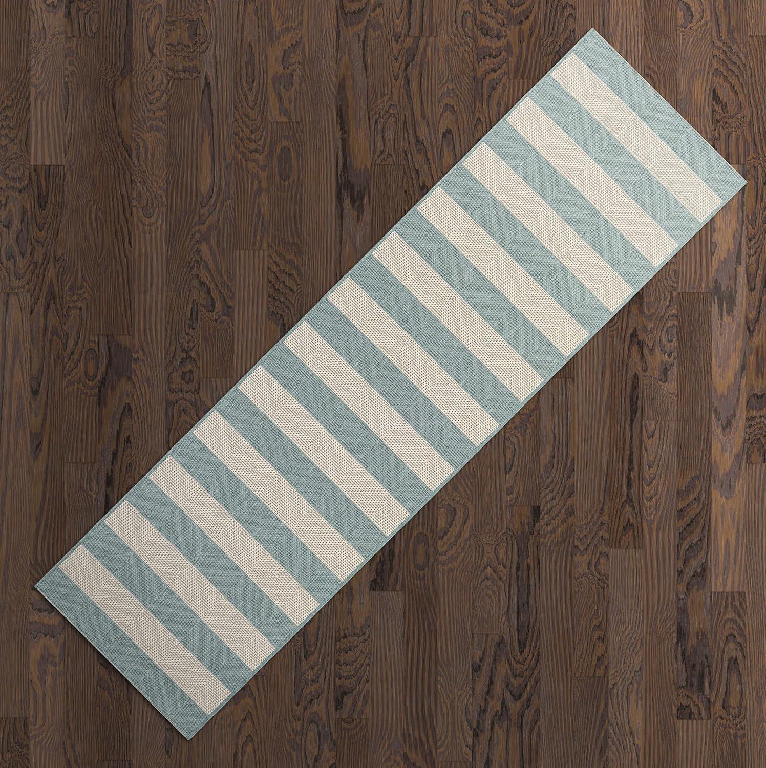 Couristan Afuera Yacht Club 2'2" x 7'10" Sea Mist Green and Ivory Stripe Outdoor Runner Rug