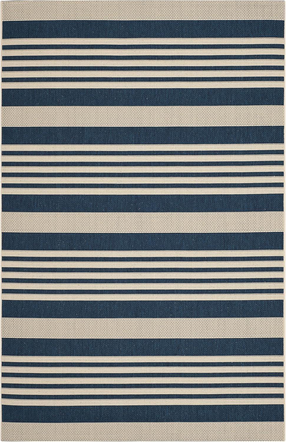 Navy and Beige Striped Synthetic Indoor/Outdoor Area Rug, 5' x 7'