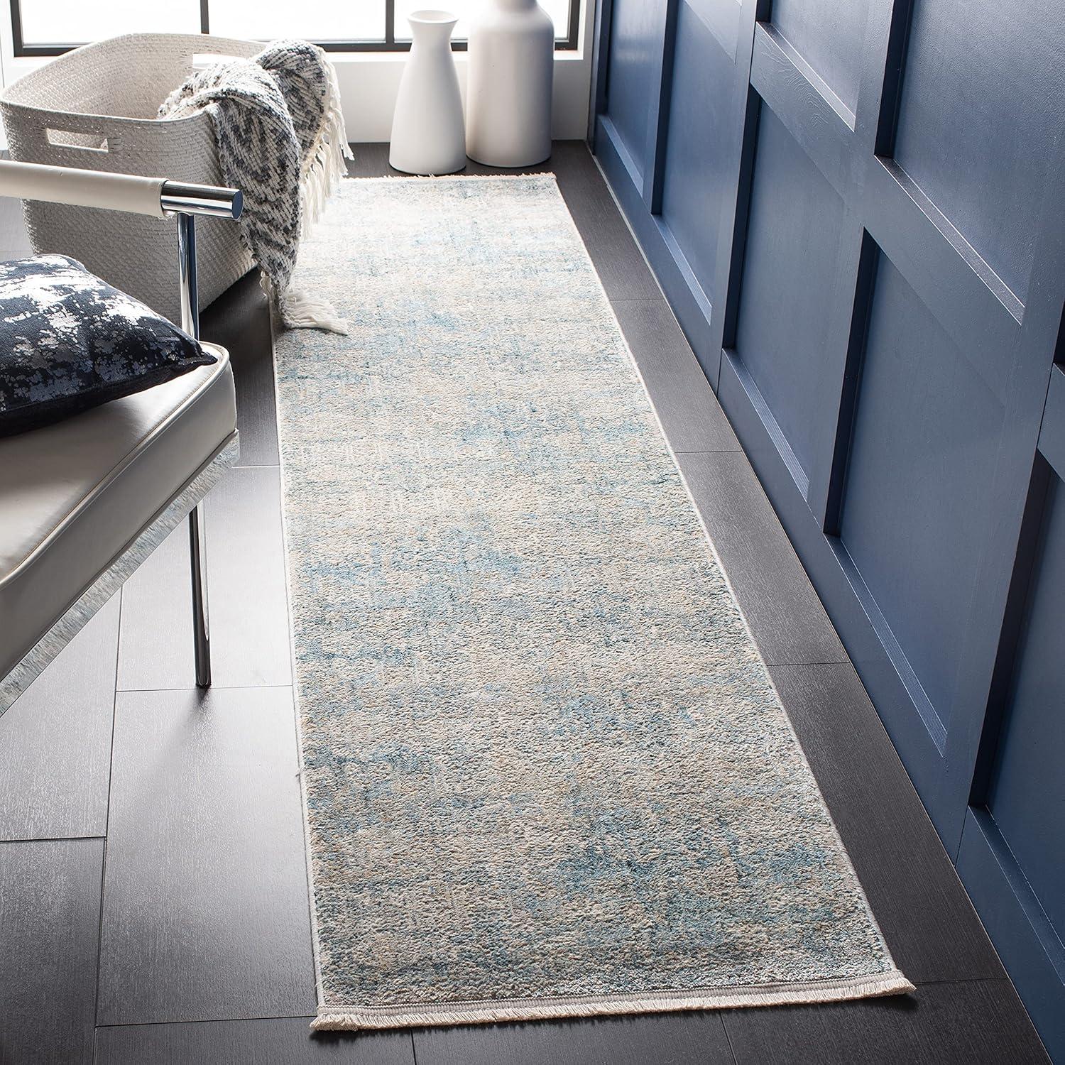 Gray and Blue Hand-Knotted Wool and Viscose Runner Rug