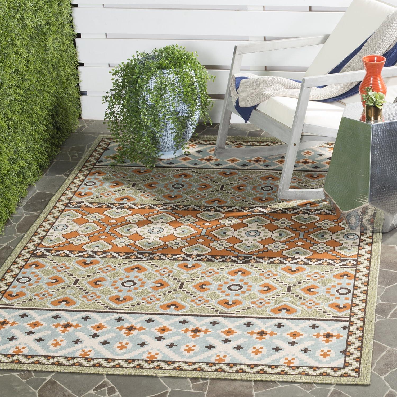 Terracotta & Green Floral Synthetic 8' x 11'2" Easy-Care Outdoor Rug