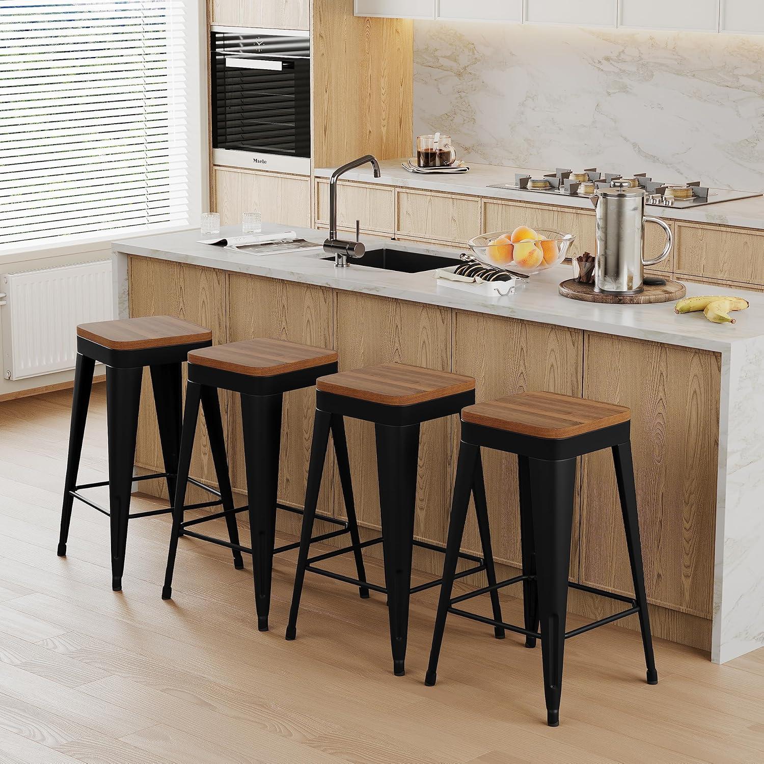 Stools Set of 4 Counter Height  Stools Metal Barstools with Removable Back 30" Kitchen  Stools with Wooden Seat