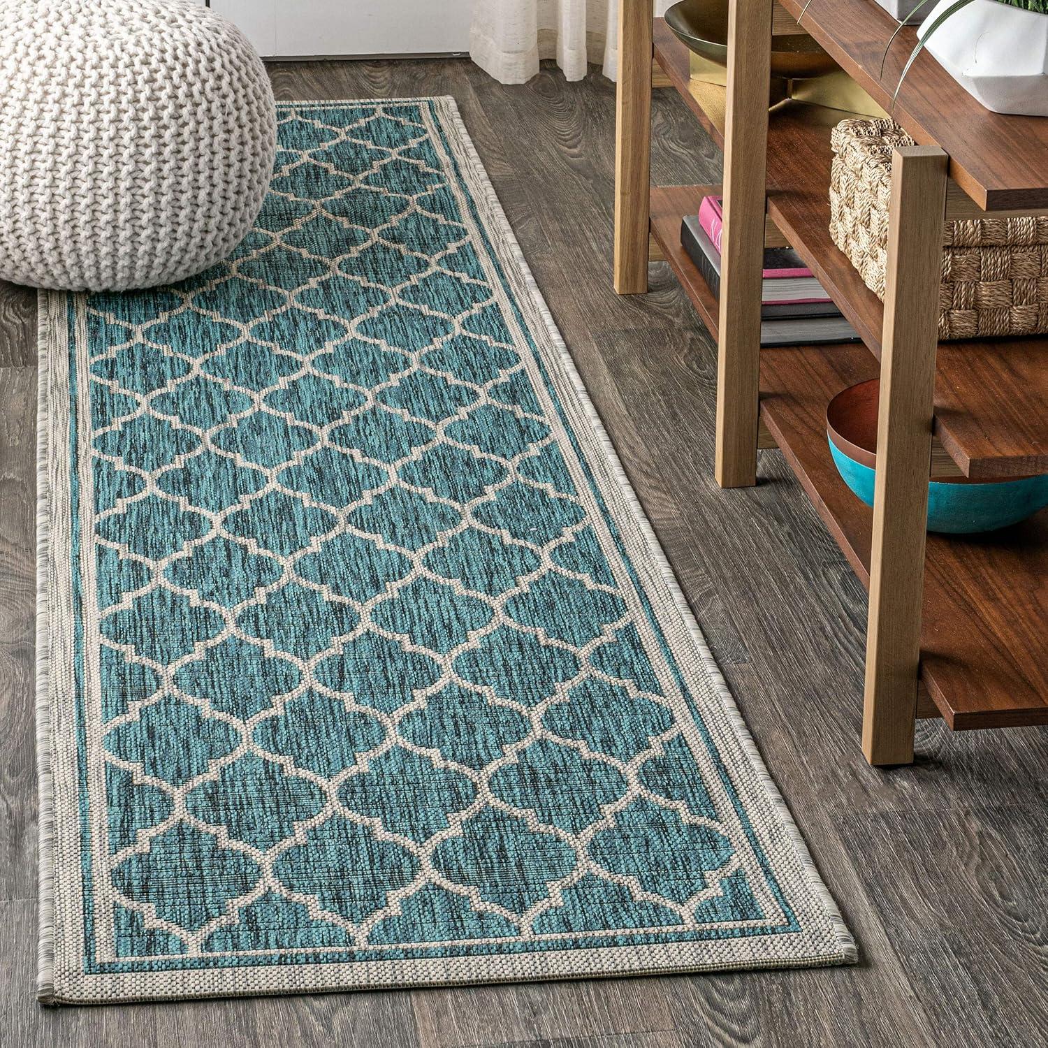 8'x10' Trebol Moroccan Trellis Textured Weave Indoor/Outdoor Area Rug, Teal/Gray - JONATHAN Y