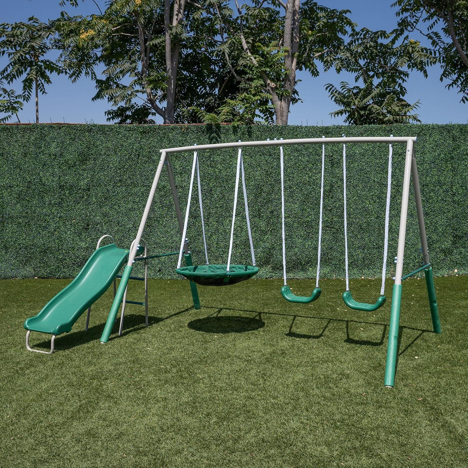 Northridge Green and Silver Metal Swing Set with Slide