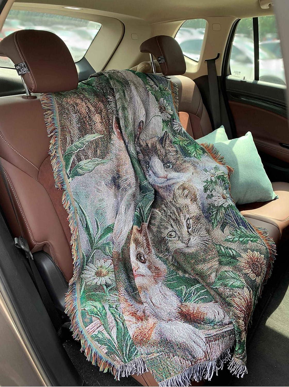 EZ.enjoy Garden Cat Flower Woven Tapestry Throw Blanket Wall Hanging Art Handicrafts Jacquard Multipurpose Soft Travel Mat Outdoor with Fringe Tassels 50 X 60 Inches