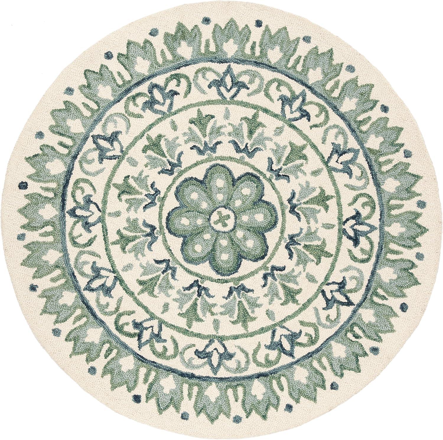 Ivory and Teal 4' Round Hand-Tufted Wool Rug