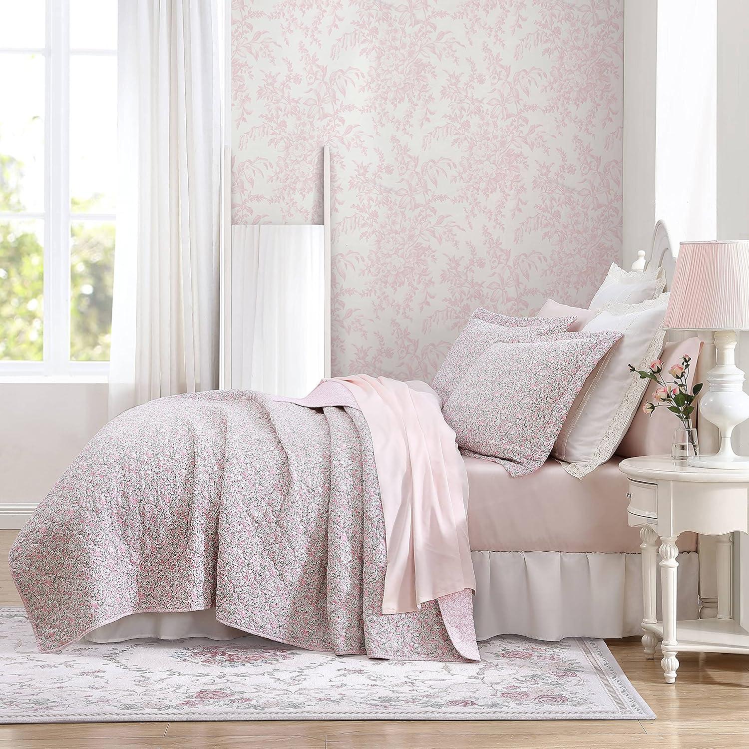 Laura Ashley Loveston Cotton Reversible Pink Quilt Set