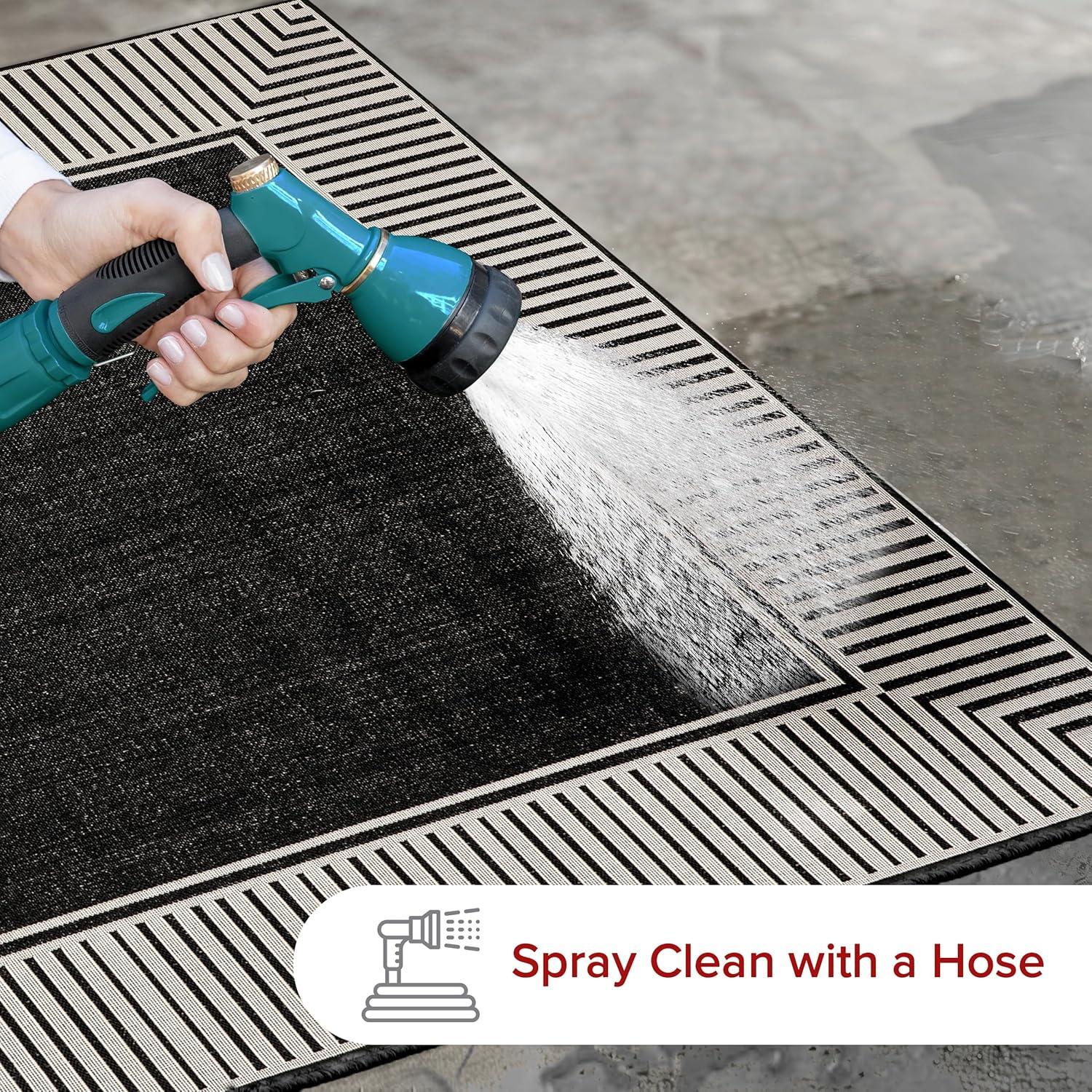 Black and Beige Striped Synthetic 4' x 6' Outdoor Area Rug