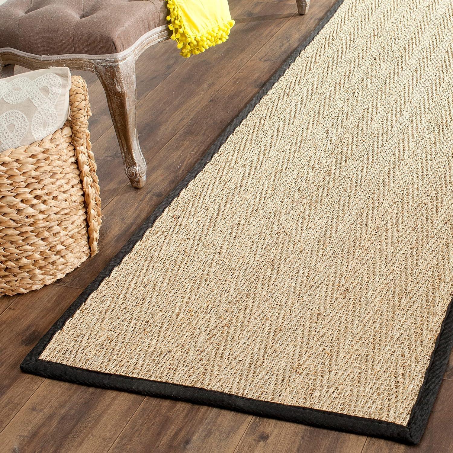 Coastal Charm Handwoven Natural & Black Cotton Seagrass Runner Rug 2'6" x 10'