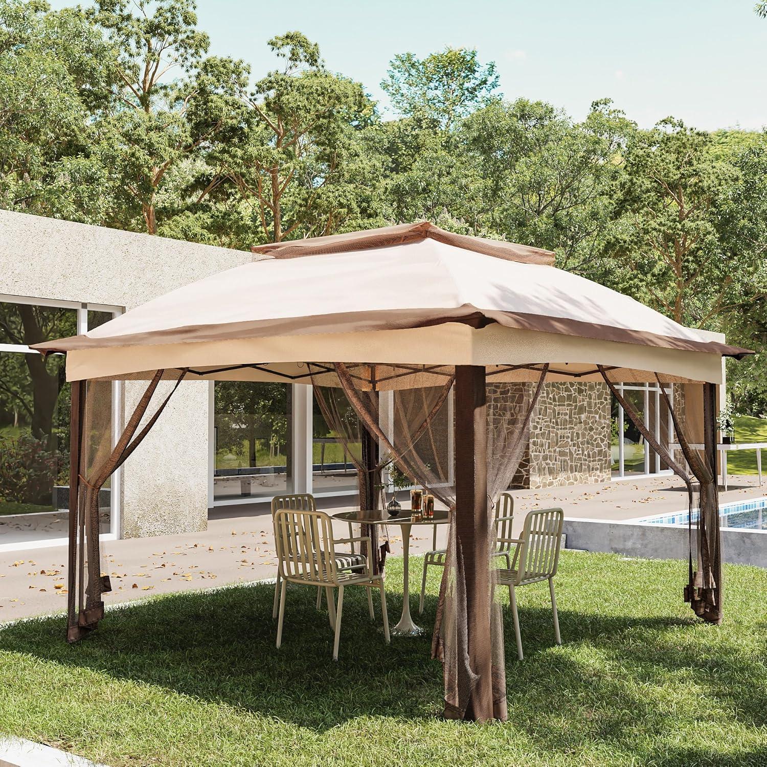 Beige 11' x 11' Metal Pop-Up Gazebo with Mesh Sidewalls