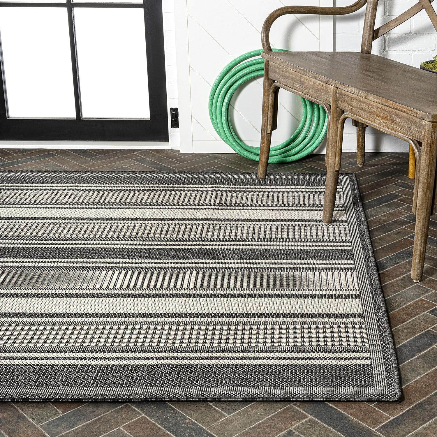 8' x 10' Haynes Modern Double Stripe Indoor/Outdoor Area Rug, Black/Cream - JONATHAN Y