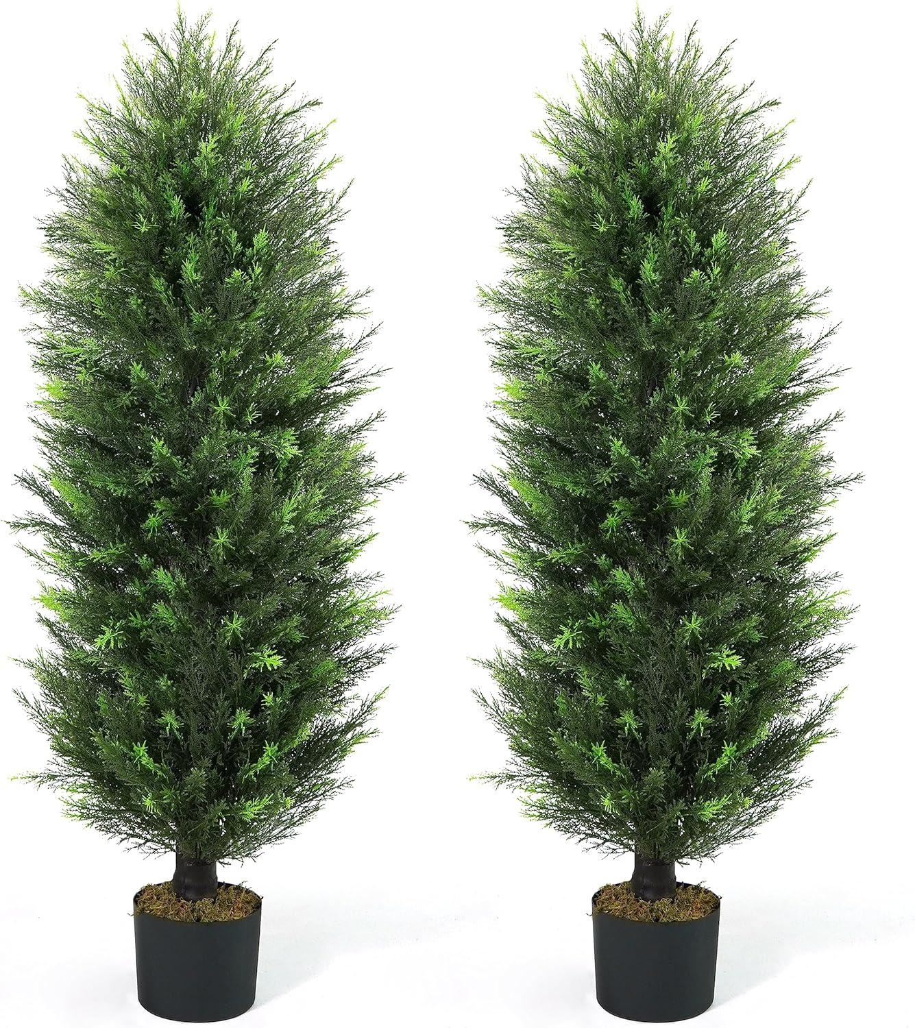 CAPHAUS CAPHAUS Artificial Cedar Tree Pair, UV Resistant Boxwood Topiary w/ Dried Moss, 3 / 4 / 5 Feet